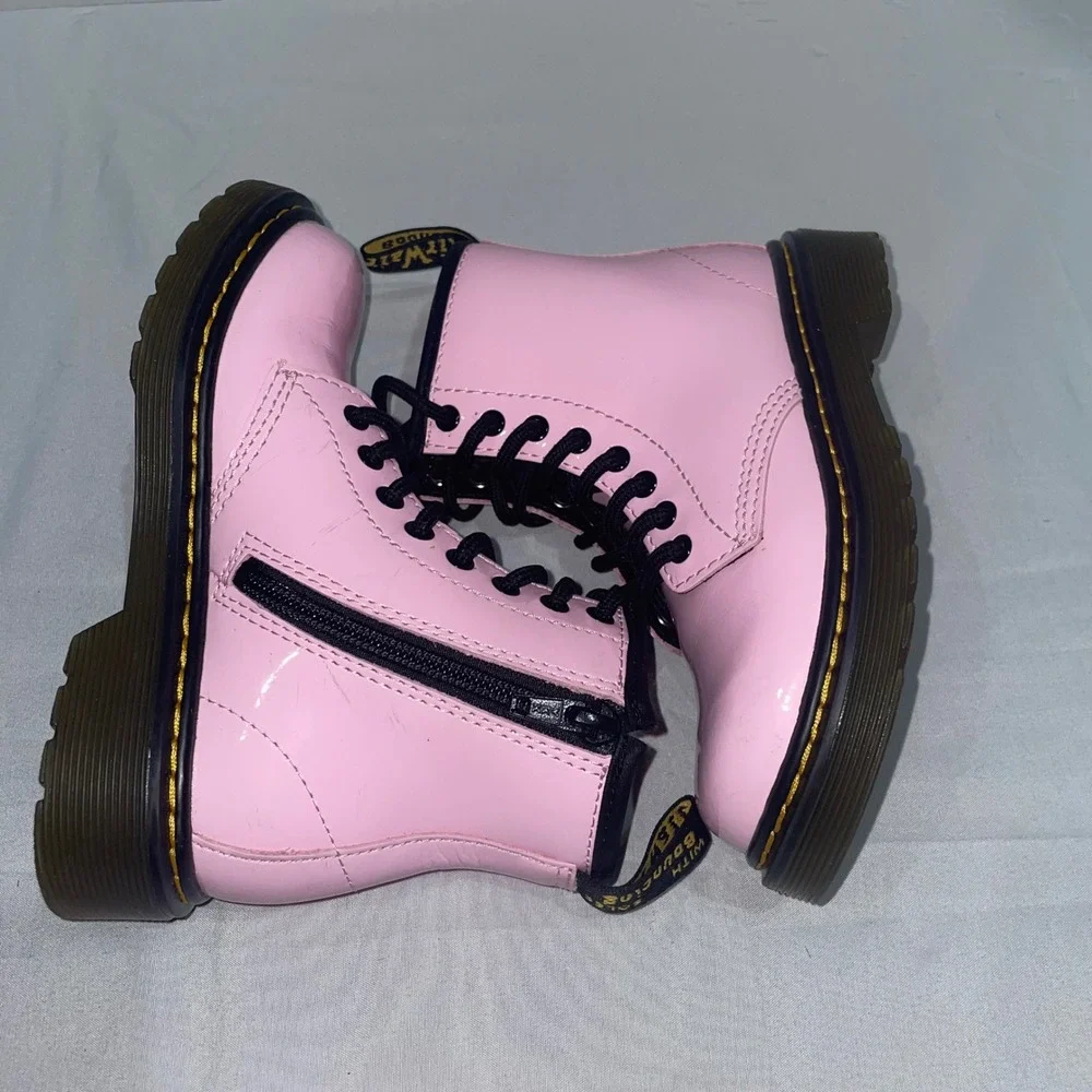 Dr. Martens 1460 Delaney Pink Patent Lamper Lace Up Side Zip Boots Kids